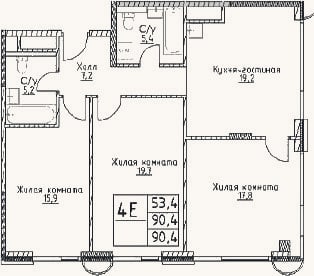 Планировка: 4+ к, 90,4 м²