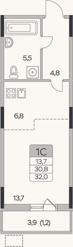 Планировка: Студия, 30,8 м²