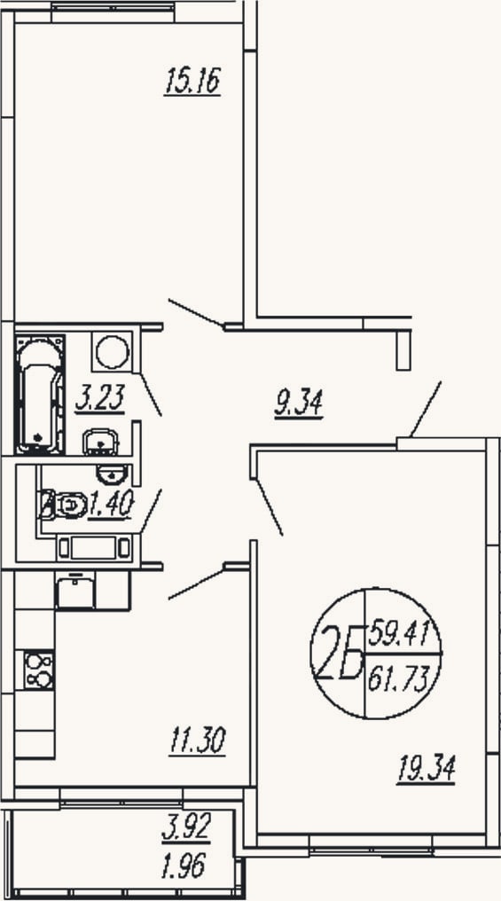 Планировка: 2-к, 59,8 м²