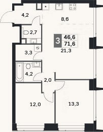 Планировка: 3-к, 71,6 м²