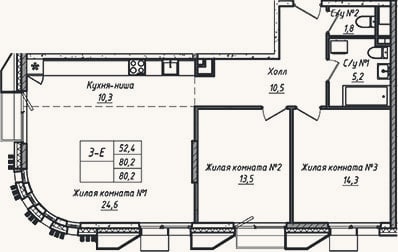 Планировка: 3-к, 80,2 м²
