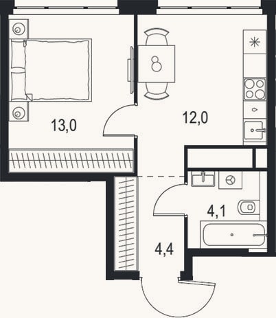 Планировка: 1-к, 33,5 м²