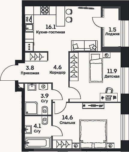 Планировка: 3-к, 59 м²