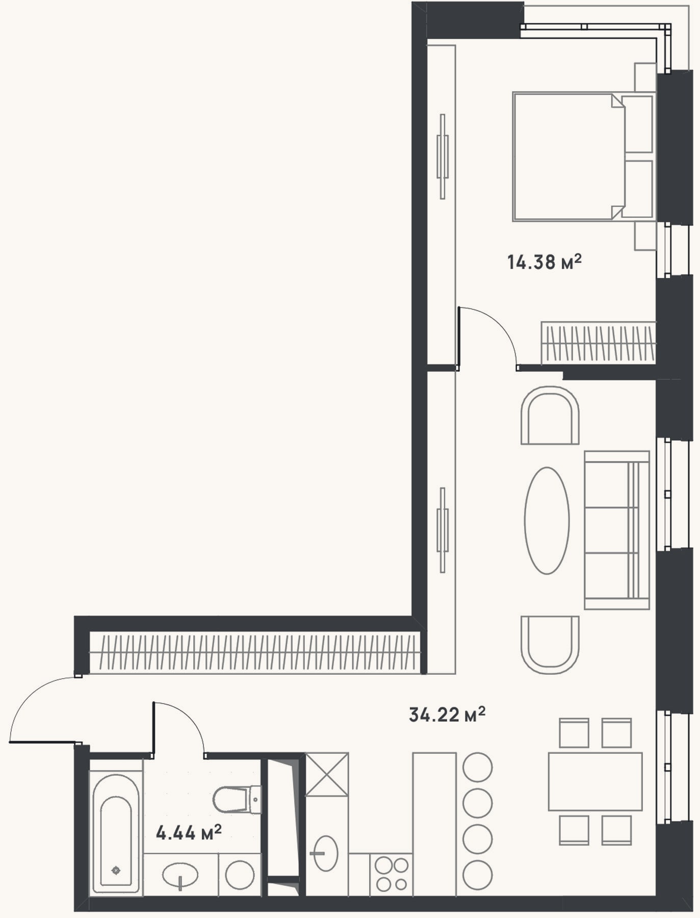 Планировка: 2-к, 53 м²