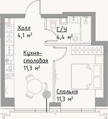 Планировка: 2-к, 31,1 м²