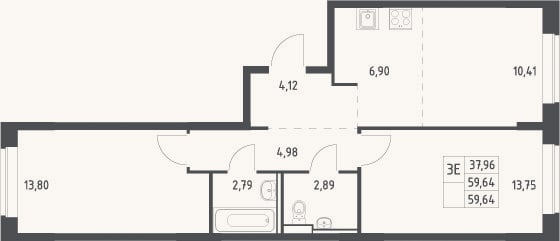 Планировка: 3-к, 59,6 м²