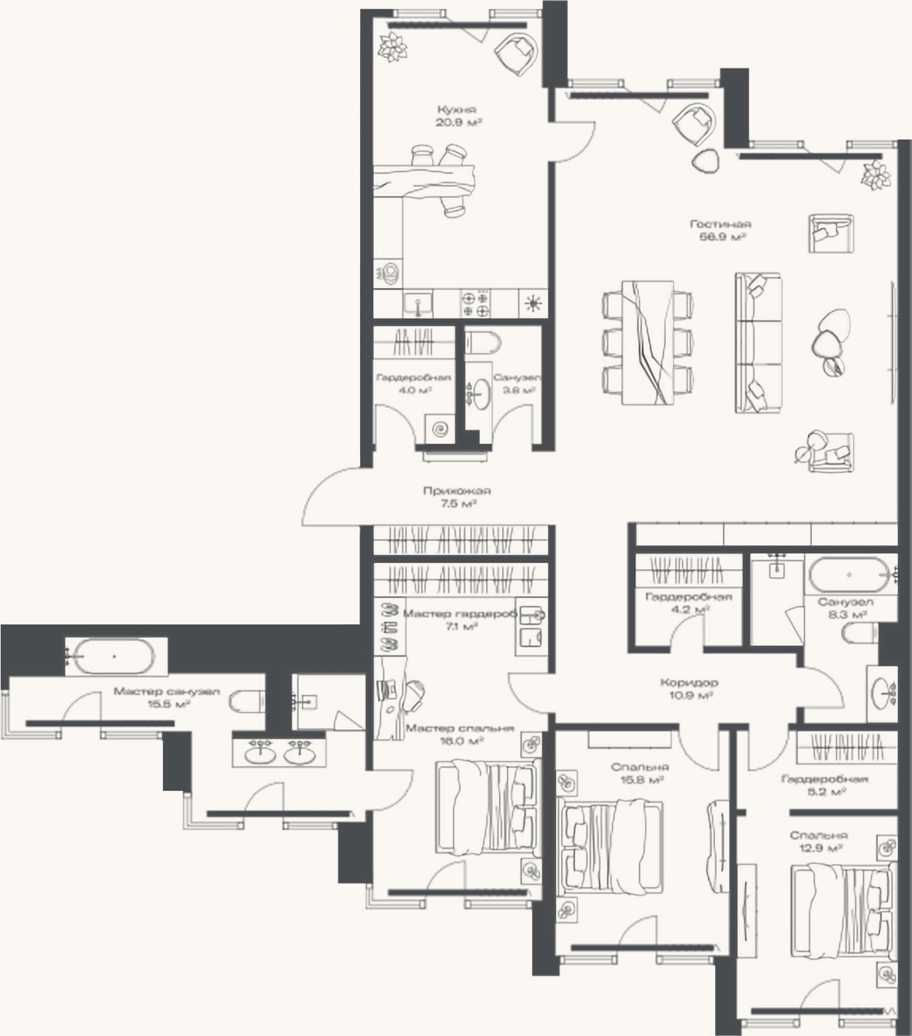 Планировка: 4+ к, 189 м²