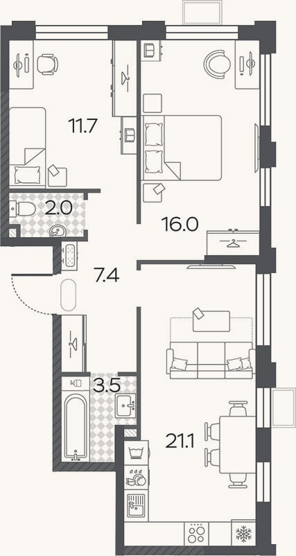 Планировка: 3-к, 63,5 м²