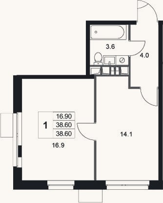 Планировка: 1-к, 38,6 м²
