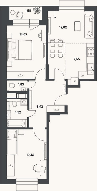Планировка: 3-к, 62,7 м²