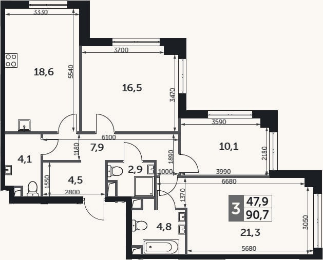 Планировка: 3-к, 90,7 м²