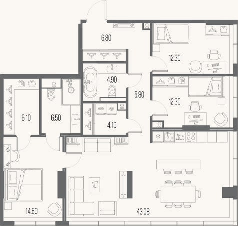 Планировка: 3-к, 116,8 м²