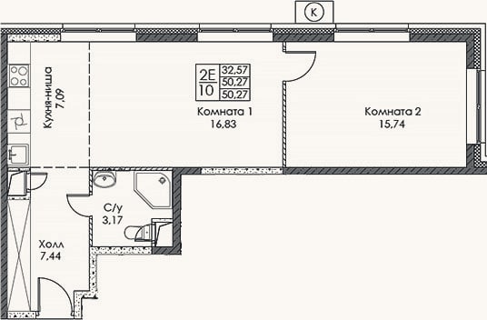 Планировка: 2-к, 50,3 м²