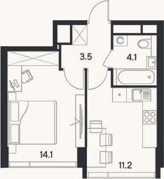 Планировка: 1-к, 32,9 м²