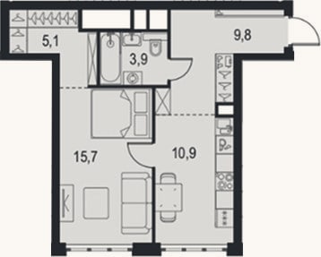 Планировка: 1-к, 45,4 м²