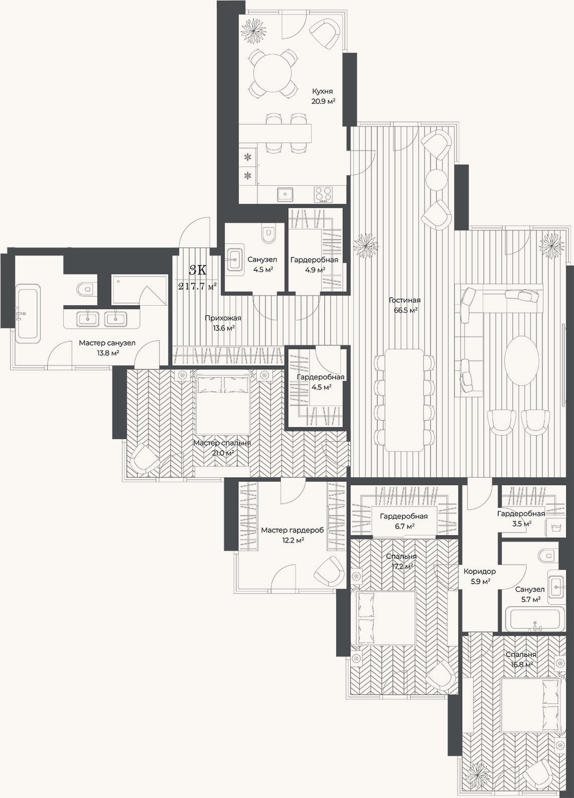 Планировка: 4+ к, 217,1 м²