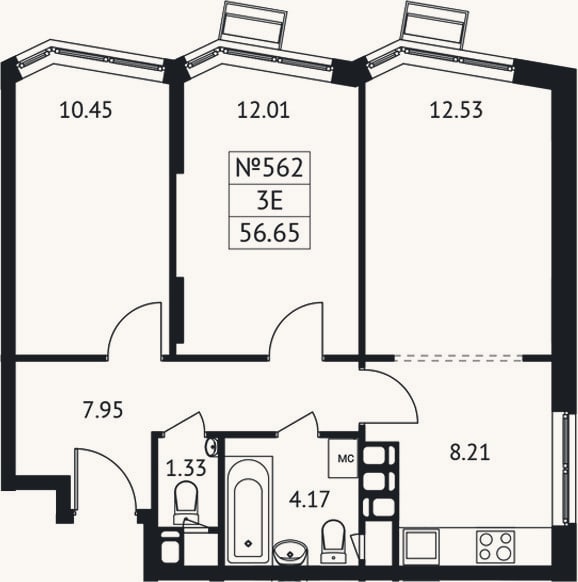 Планировка: 3-к, 56,7 м²