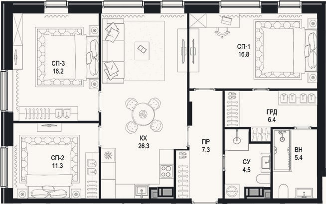 Планировка: 3-к, 94,2 м²
