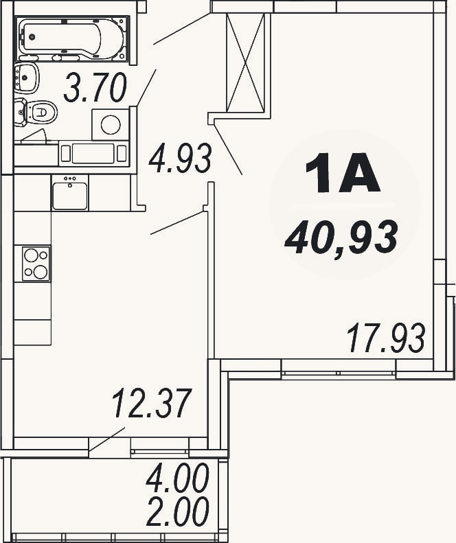 Планировка: 1-к, 38,9 м²