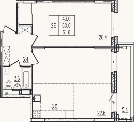 Планировка: 2-к, 60 м²