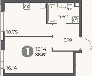 Планировка: 1-к, 36,6 м²