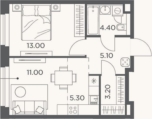 Планировка: 2-к, 42 м²