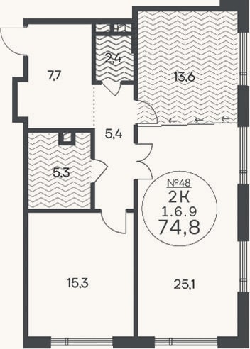 Планировка: 2-к, 74,8 м²