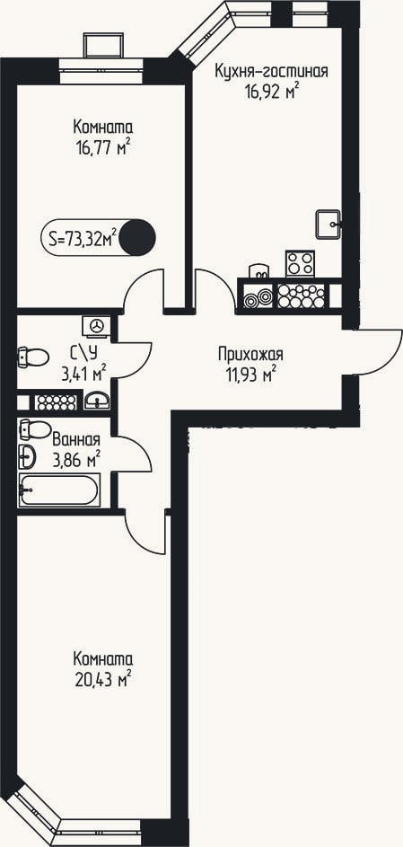 Планировка: 2-к, 73,3 м²