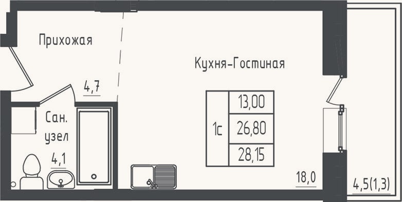 Планировка: Студия, 26,8 м²