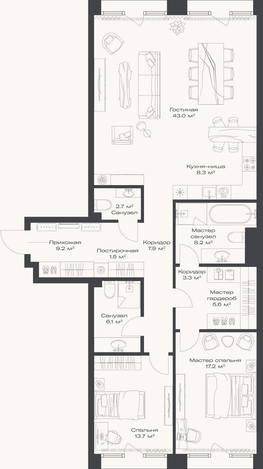 Планировка: 3-к, 126,7 м²