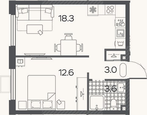 Планировка: 2-к, 37,5 м²