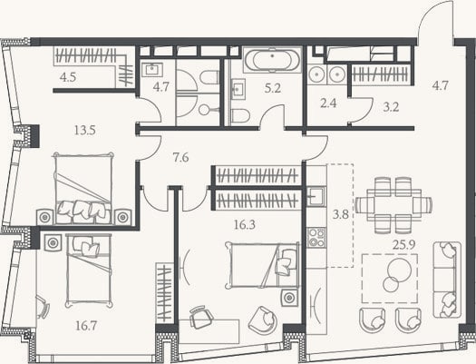 Планировка: 4+ к, 108,3 м²
