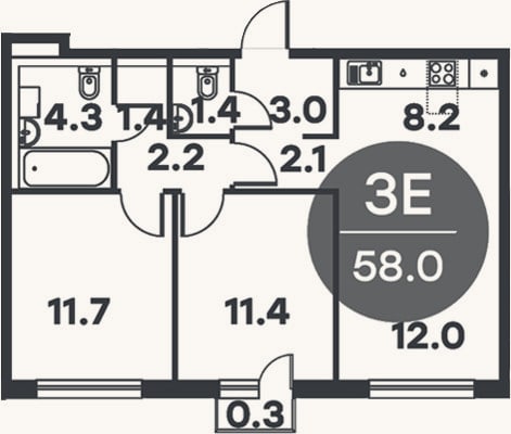 Планировка: 3-к, 57,7 м²