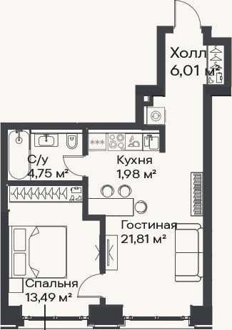 Планировка: 2-к, 48 м²