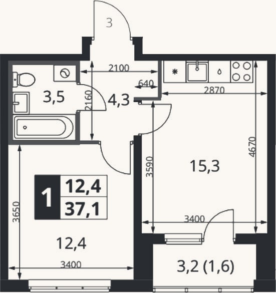 Планировка: 2-к, 35,5 м²