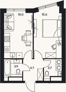 Планировка: 1-к, 42,9 м²