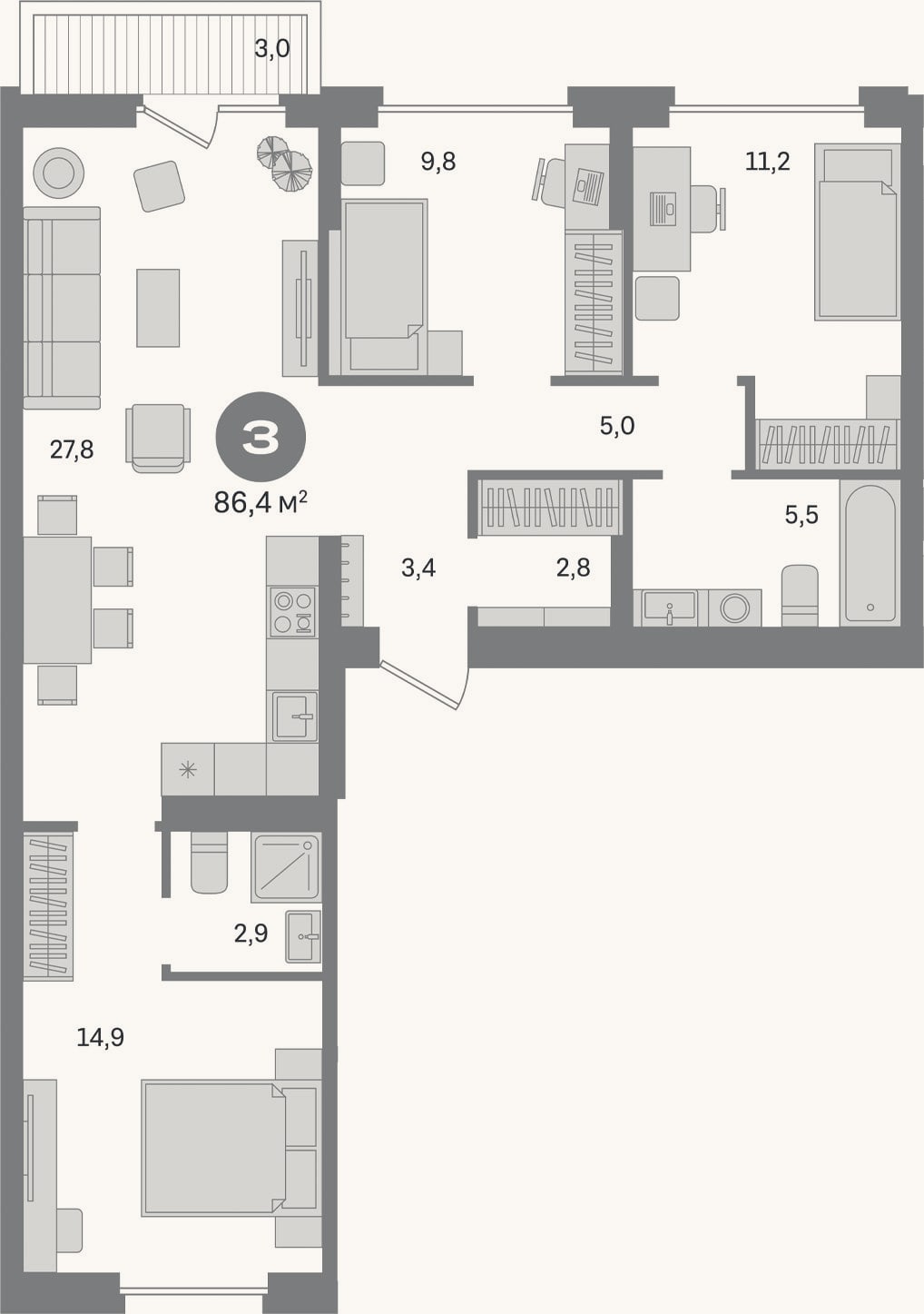 Планировка: 3-к, 83,4 м²