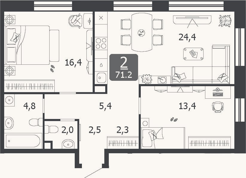 Планировка: 3-к, 71,2 м²