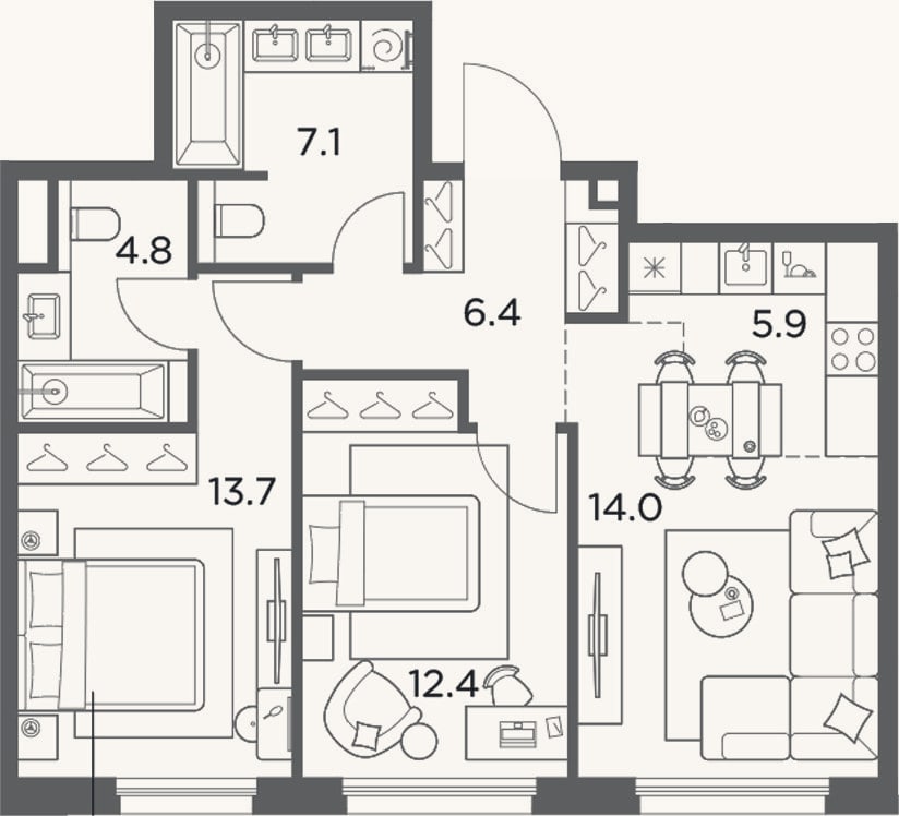 Планировка: 3-к, 64,3 м²