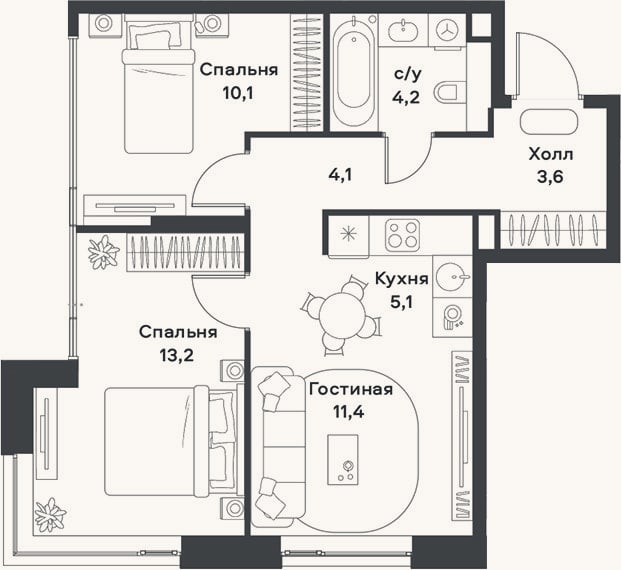 Планировка: 3-к, 51,7 м²