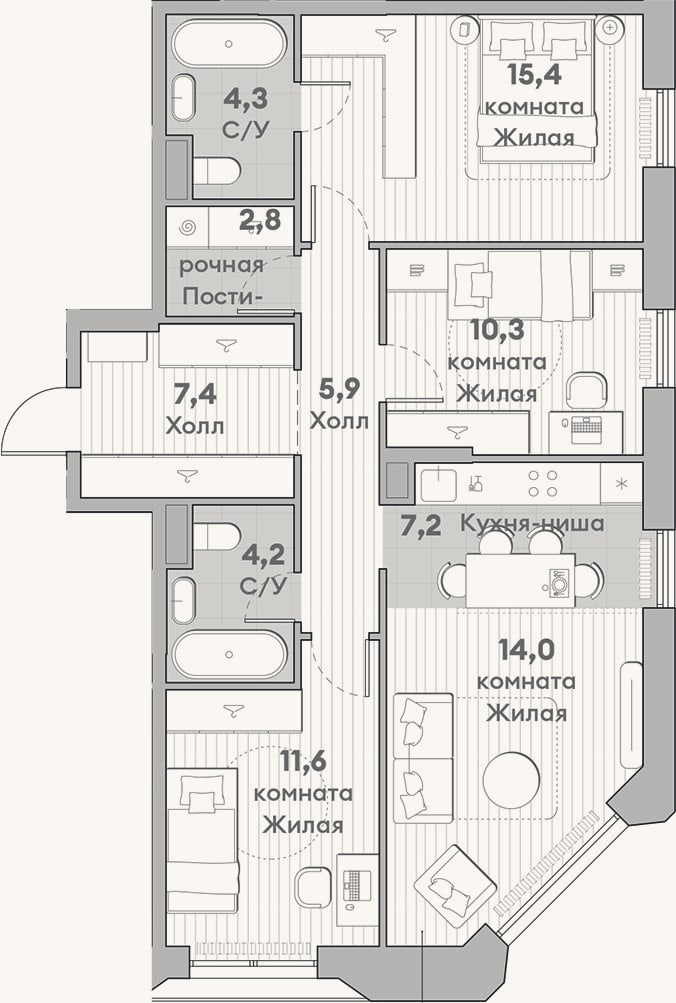 Планировка: 4+ к, 83,1 м²