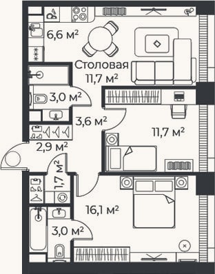 Планировка: 3-к, 60,2 м²