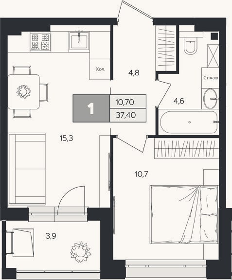 Планировка: 1-к, 35,5 м²