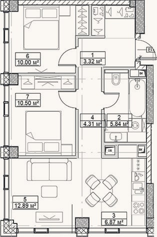 Планировка: 3-к, 56,6 м²