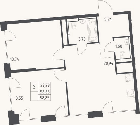 Планировка: 3-к, 58,9 м²