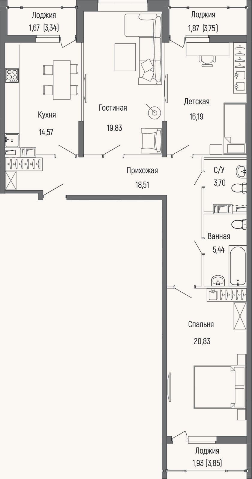 Планировка: 3-к, 99,1 м²