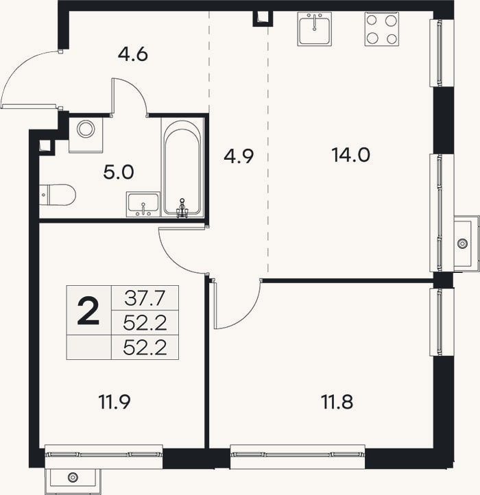 Планировка: 2-к, 52,2 м²