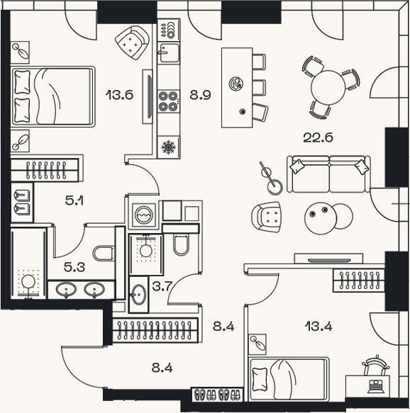 Планировка: 3-к, 90,3 м²