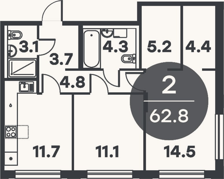Планировка: 2-к, 62,8 м²