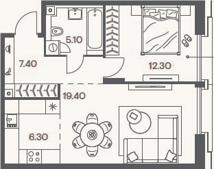 Планировка: 2-к, 50,5 м²